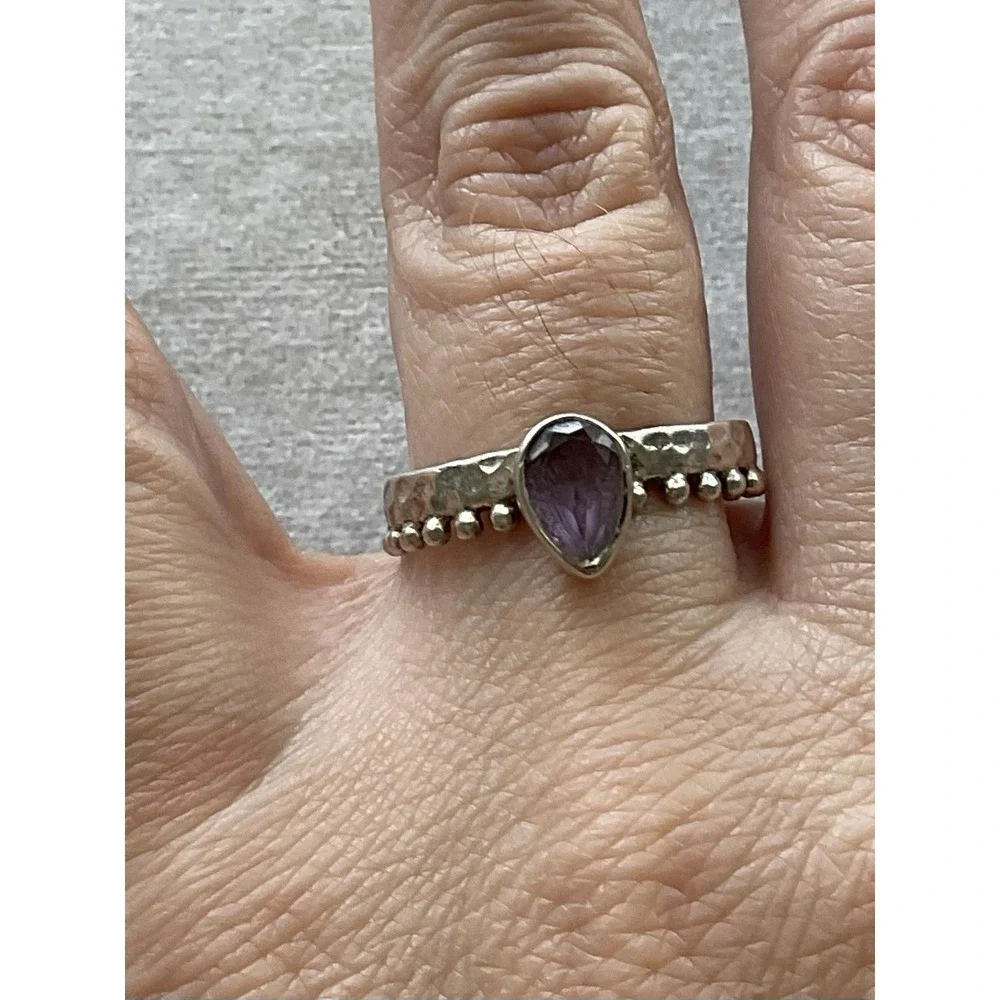 Vintage 925 Sterling Silver Amethyst Ring Size 8 Hammered Estate Jewelry